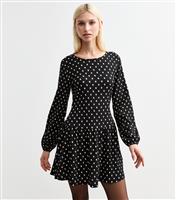 Women's Black Polka Dot Drop Waist Mini Dress New Look