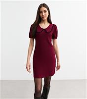 Women's Burgundy Crinkled Jersey Peter Pan Collar Mini Dress New Look