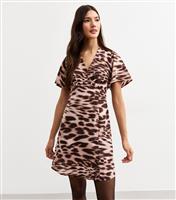 Women's Brown Animal Print Flutter Sleeve Mini Dress New Look