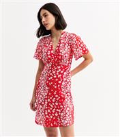Women's Red Floral Print Flutter Sleeve Mini Dress New Look