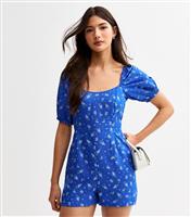 Women's Blue Floral Print Tie Back Playsuit New Look
