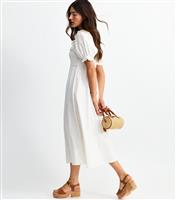 Women's Off White Shirred Frill Trim Midi Dress New Look