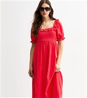 Women's Red Frilly Trimmed Smock Midi Dress New Look