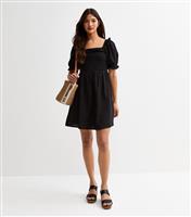Women's Black Puff Sleeve Shirred Mini Dress New Look