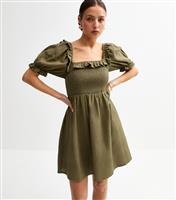 Women's Khaki Puff Sleeve Shirred Mini Dress New Look