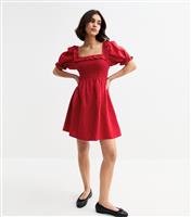 Women's Red Puff Sleeve Shirred Mini Dress New Look