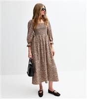 Women's Brown Leopard Print Shirred Midi Dress New Look