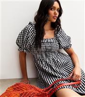 Women's Black Gingham Check Shirred Mini Dress New Look