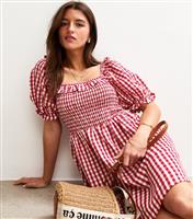 Women's Red Gingham Print Shirred Mini Dress New Look