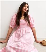 Women's Pink Gingham Shirred Square Neck Midi Dress New Look