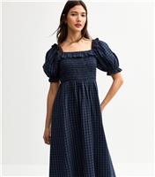 Women's Navy Gingham Shirred Midi Dress New Look