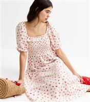 Women's White Berry Print Shirred Midi Dress New Look