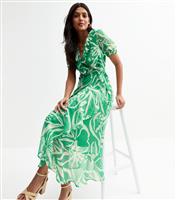 Women's Green Chiffon Leaf Print Midi Dress New Look