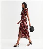 Women's Black Floral Apple Print Flutter Sleeve Midi Dress New Look
