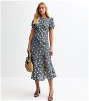 Women's Black Gingham Check Floral Print Slit Hem Midi Dress New Look