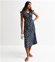 Women's Blue Floral Print Tie Neck Midi Dress New Look