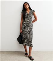 Women's Black Zebra Print Tie Neck Midi Dress New Look