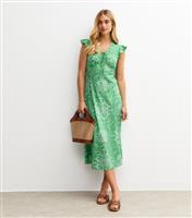 Women's Green Printed Flutter Sleeve Midi Dress New Look