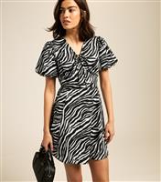 Women's Black Zebra Print Tie Neck Mini Dress New Look