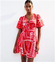 Women's Pink Sea Print Tie Neck Mini Dress New Look