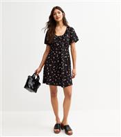 Women's Black Lightweight Floral Berry Dot Print Frill Neck Mini Dress New Look