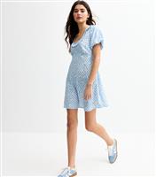 Women's Blue Crepe Gingham Print Frill Neck Mini Dress New Look