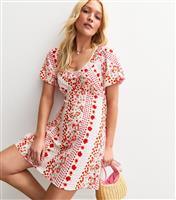 Women's Red Crepe Frill Neck Tomatoes and Flower Print Mini Dress New Look