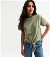 Women's Olive Green Tie Front T-Shirt New Look