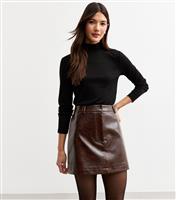 Women's Dark Brown Cracked Effect Faux Leather Mini Skirt New Look