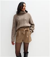 Women's Tan Belted Faux Suede Shorts New Look