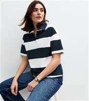 Women's Navy Rugby Stripe Short Sleeve Polo Top New Look