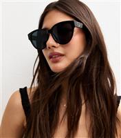 Black Oversized Cateye Heart Trim Sunglasses New Look