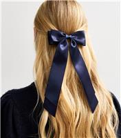 Navy Double Bow Satin Hair Clip New Look