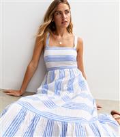 Women's Blue Striped Textured Tiered Midi Beach Dress New Look