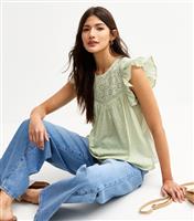 Women's Light Green Daisy Broderie Anglaise Yoke Frill Top New Look