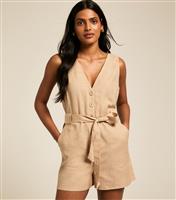 Women's Stone V-Neck Belted Playsuit New Look