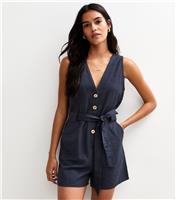 Women's Navy V-Neck Belted Playsuit New Look