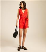 Women's Bright Red V-Neck Belted Playsuit New Look