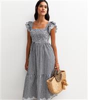 Women's Black Gingham Print Embroidered Frill Sleeve Tiered Midi Dress New Look
