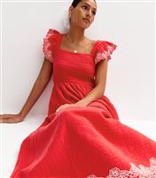 Women's Red Floral Embroidered Sleeve Tiered Midi Dress New Look