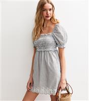 Women's Blue Striped Embroidered Puff Sleeve Mini Dress New Look