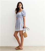 Women's Blue Striped Embroidered Puff Sleeve Mini Dress New Look