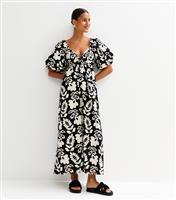 Women's Black Folk Floral Print Puff Sleeve Midi Dress New Look