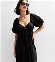 Women's Black Puff Sleeve Knotted Front Midi Dress New Look