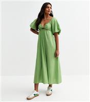 Women's Green Puff Sleeve Knotted Front Midi Dress New Look