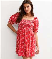 Women's Bright Red Broderie Embroidered Milkmaid Mini Dress New Look