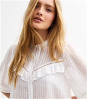 Women's White Semi-Sheer Frill Trim Striped Shirt New Look