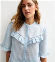 Women's Blue Semi-Sheer Frill Trim Striped Shirt New Look