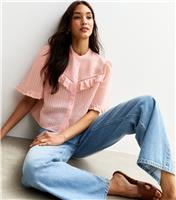 Women's Pink Semi-Sheer Frill Trim Striped Shirt New Look