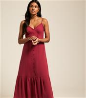 Women's Burgundy Button Detail Tiered Hem Midi Dress New Look